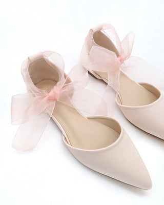 Satin Pointy Toe Flats with Satin Ankle Tie or Ballerina Lace Up