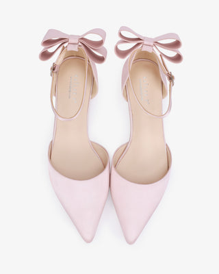 Dusty Pink Satin Pointy Toe Evening Flats with Back Tuxie Bow