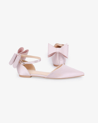 Dusty Pink Satin Pointy Toe Evening Flats with Back Tuxie Bow