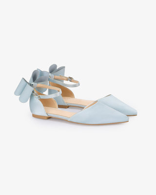 Light Blue Satin Pointy Toe Wedding Flats with Back Tuxie Bow