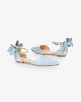Light Blue Satin Pointy Toe Wedding Flats with Back Tuxie Bow