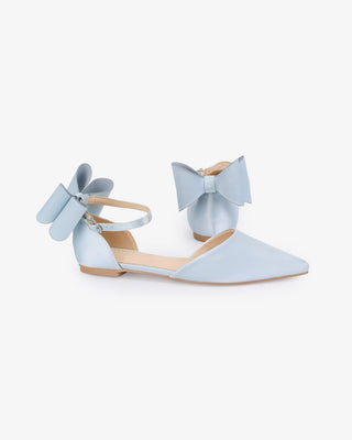 Light Blue Satin Pointy Toe Wedding Flats with Back Tuxie Bow