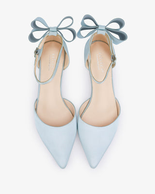 Light Blue Satin Pointy Toe Wedding Flats with Back Tuxie Bow