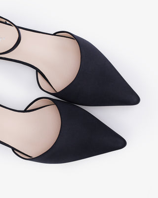 Black Satin Pointy Toe Evening Flats with Back Tuxie Bow