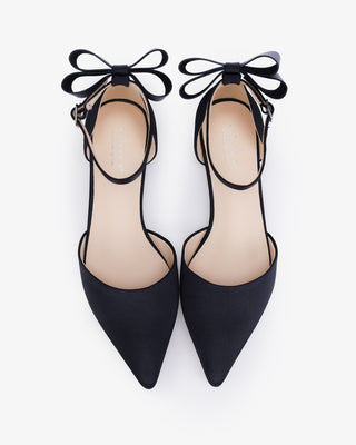 Black Satin Pointy Toe Evening Flats with Back Tuxie Bow