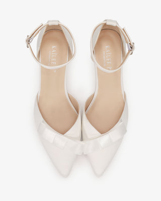 White Satin Pointy Toe Low Block Heels Wedding Shoes with Gentle Ribbon