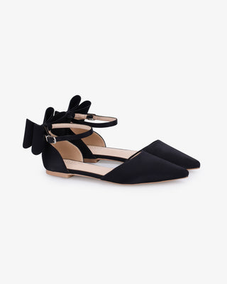 Black Satin Pointy Toe Evening Flats with Back Tuxie Bow