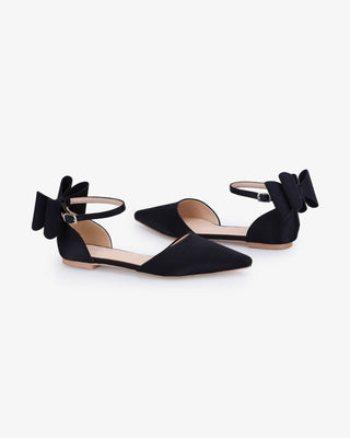 Black Satin Pointy Toe Evening Flats with Back Tuxie Bow