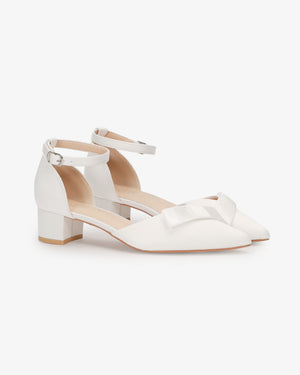 Satin Pointy Toe Low Block Heels Wedding Shoes with Celina Bow