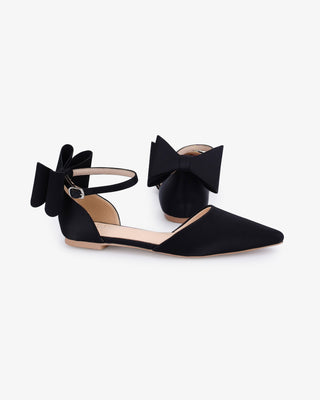 Black Satin Pointy Toe Evening Flats with Back Tuxie Bow