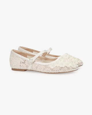 Ivory Crochet Lace Mary Jane Wedding Flats with Pearls Petal