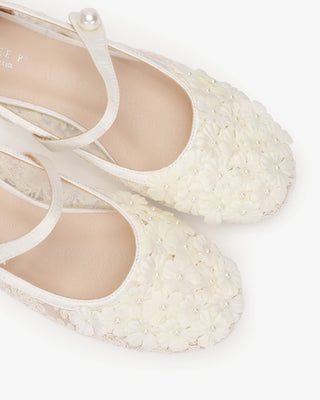 Ivory Crochet Lace Mary Jane Wedding Flats with Pearls Petal