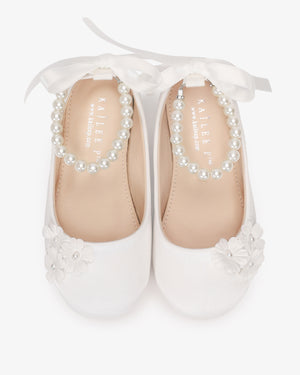 Satin Flower Girls Ballet Flats with Pearls Petal