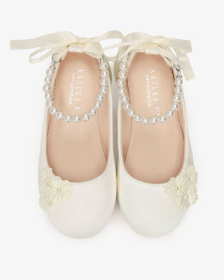 Satin Flower Girls Ballet Flats with Pearls PetalKids Shoes