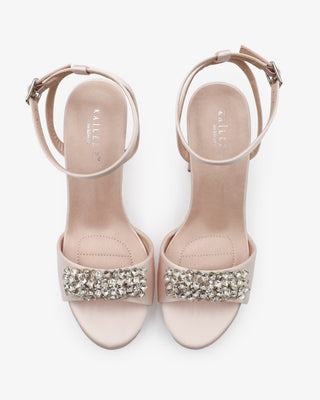 Dusty Pink Satin Platform Block Heel Evening Sandals with Rhinestones Embellishments
