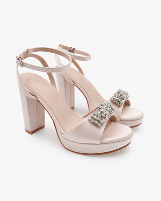 Dusty Pink Satin Platform Block Heel Evening Sandals with Rhinestones Embellishments