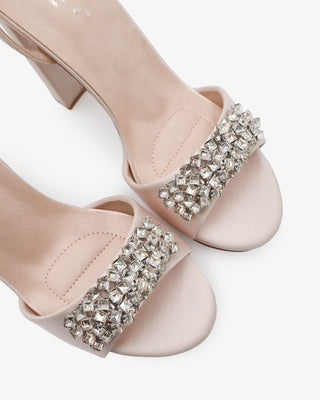 Dusty Pink Satin Platform Block Heel Evening Sandals with Rhinestones Embellishments