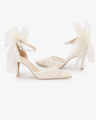 Ivory Lace Wedding Heels with Tulle Bow