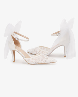 White Lace Wedding Heels with Tulle Bow