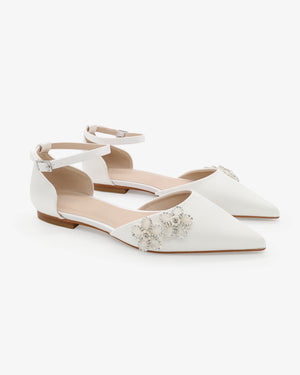 Satin Pointy Toe Wedding Flats with Rhinestones Chassia Flower