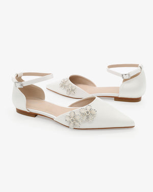 Satin Pointy Toe Wedding Flats with Rhinestones Chassia Flower