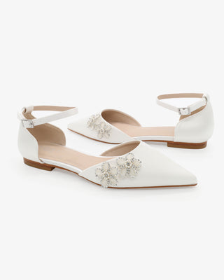 White Satin Pointy Toe Wedding Flats with Rhinestones Chassia Flower