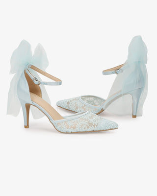 Light Blue Lace Wedding Heels with Tulle Bow