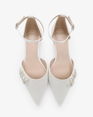 White Satin Pointy Toe Wedding Flats with Rhinestones Chassia Flower