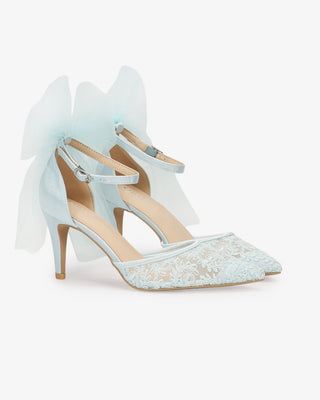 Light Blue Lace Wedding Heels with Tulle Bow