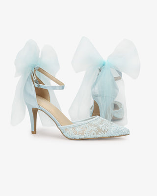 Light Blue Lace Wedding Heels with Tulle Bow