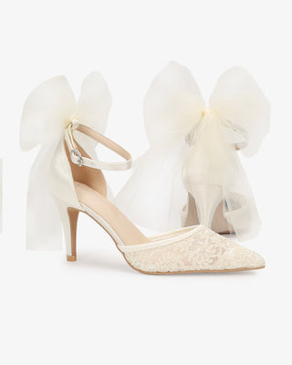 Ivory Lace Wedding Heels with Tulle Bow