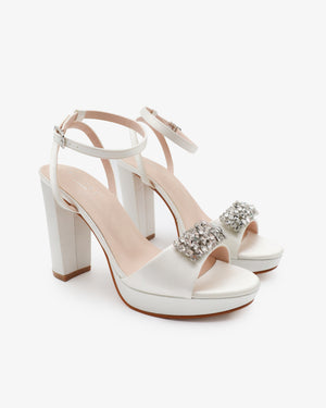 Satin Platform Block Heel Wedding Sandals with Crystelle Rhinestones