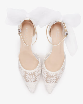 White Lace Wedding Heels with Tulle Bow