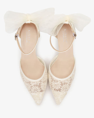 Ivory Lace Wedding Heels with Tulle Bow