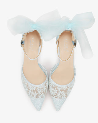 Light Blue Lace Wedding Heels with Tulle Bow