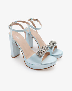 Satin Platform Block Heel Wedding Sandals with Crystelle Rhinestones