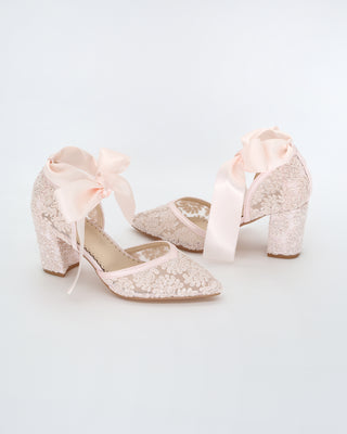 Dusty Pink Block Heel Lace Ankle Wrap Evening Shoes