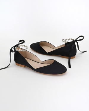 Satin Round Toe Evening Flat with Amaryllis Strap
