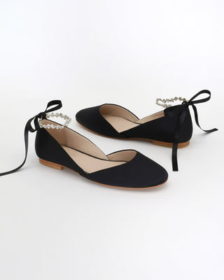 Satin Round Toe Evening Flat with Amaryllis Strap