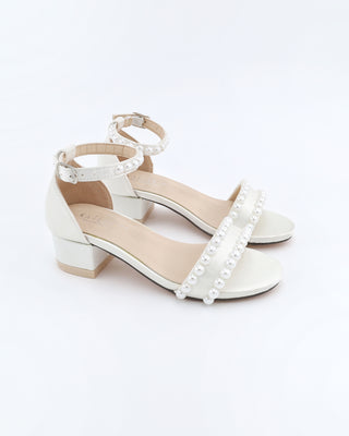 Girls Satin Block Heel Sandals with Pearls
