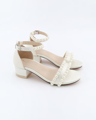 Girls Satin Block Heel Sandals with Pearls