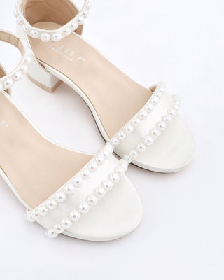 Girls Satin Block Heel Sandals with Pearls