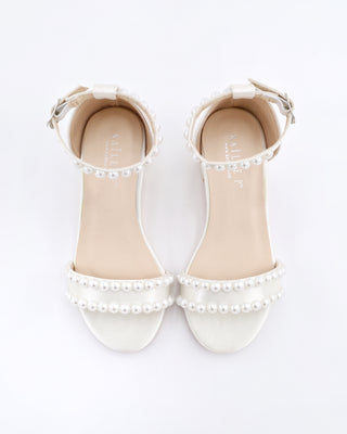 Girls Satin Block Heel Sandals with Pearls