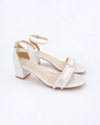 Satin Block Heel Sandals with Pearls