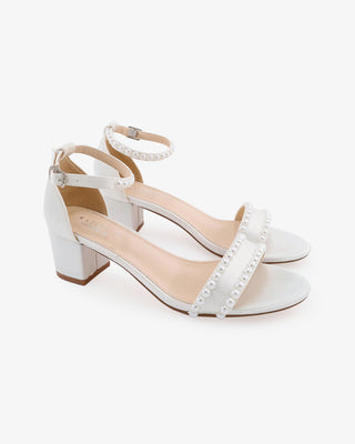 White Satin Block Heel Wedding Sandals with Pearls