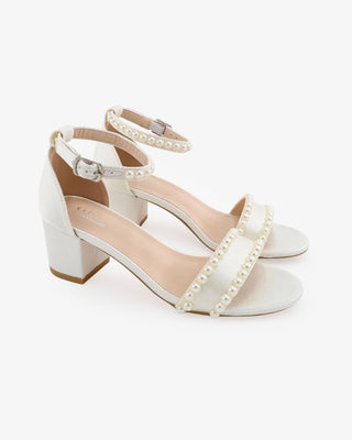 Ivory Satin Block Heel Wedding Sandals with Pearls