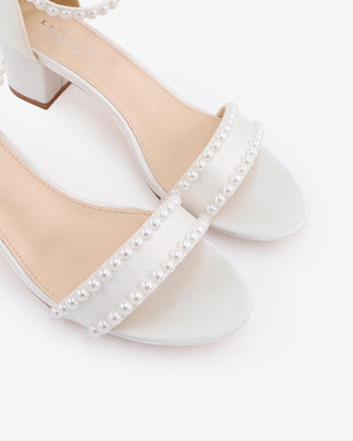 White Satin Block Heel Wedding Sandals with Pearls