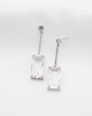 white emerald cut dangled wedding earring with rhinestones