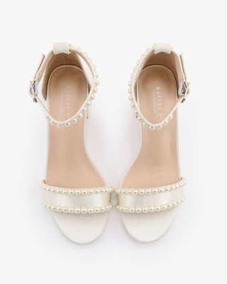 Ivory Satin Block Heel Wedding Sandals with Pearls