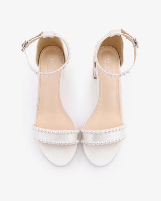 White Satin Block Heel Wedding Sandals with Pearls
